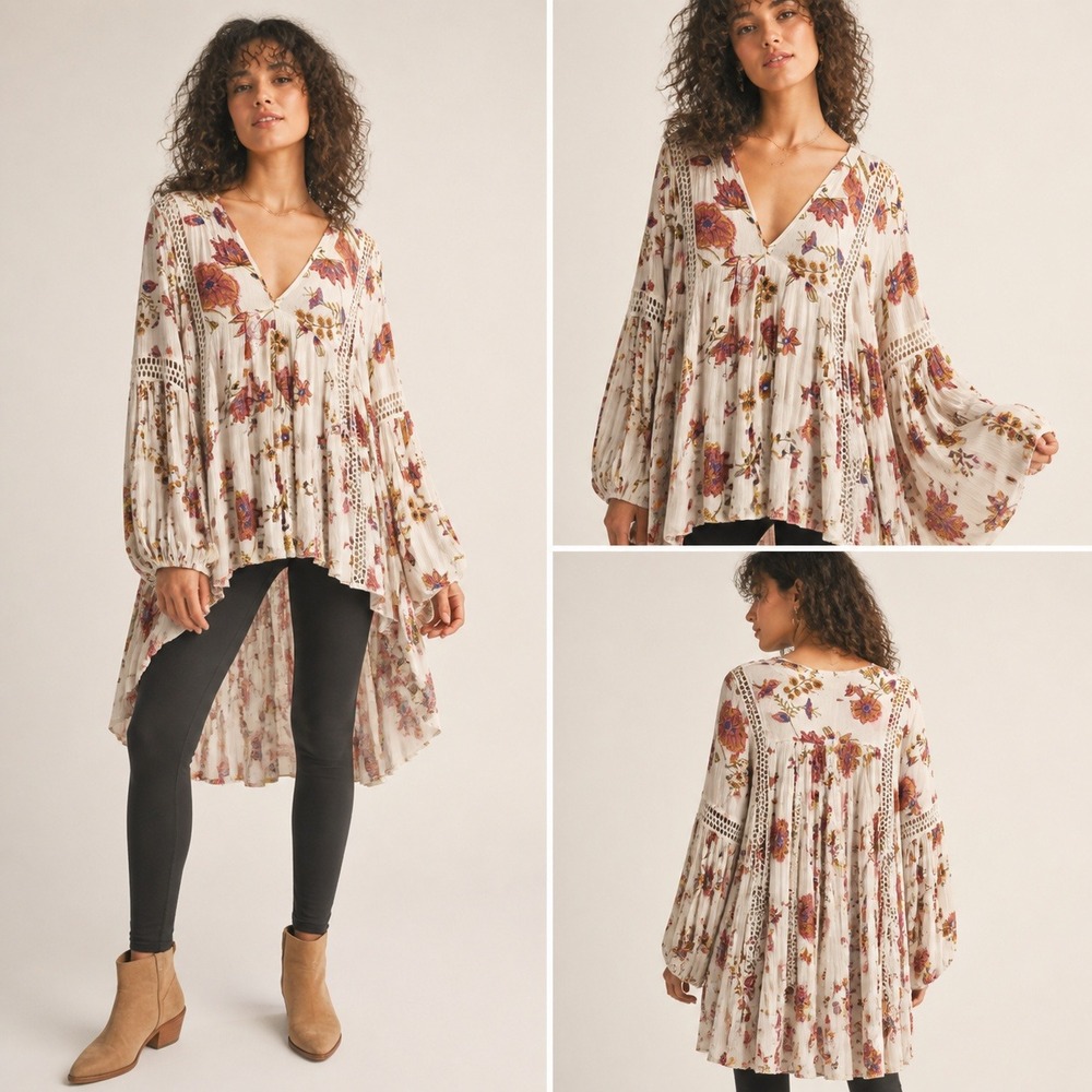 Free People Just The Two Of Us Mixed Printed Tunic M Floral Boho Rayon